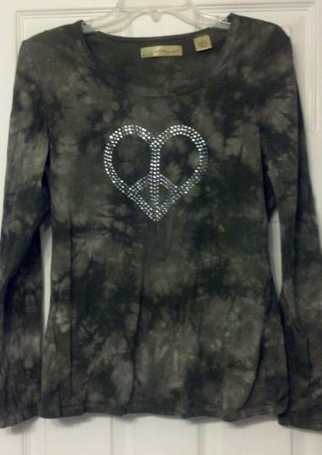 Weatherproof Tie Dye Camo + Rhinestone Peace Heart Graphic L/S Shirt Top Large