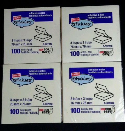 Staples Stickies Yellow Sticky Notes 3 x 3 Lot of 4 - 100 notes each