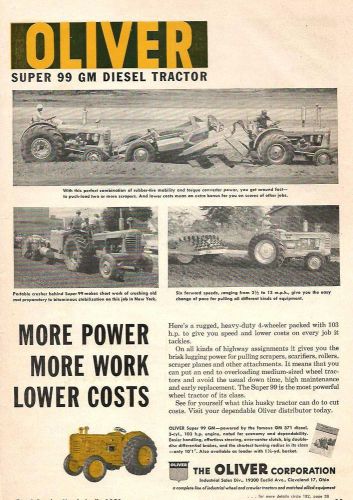 1958 oliver super 99 gm diesel tractor ad, scraper/roller/crusher, 3 colr photos for sale