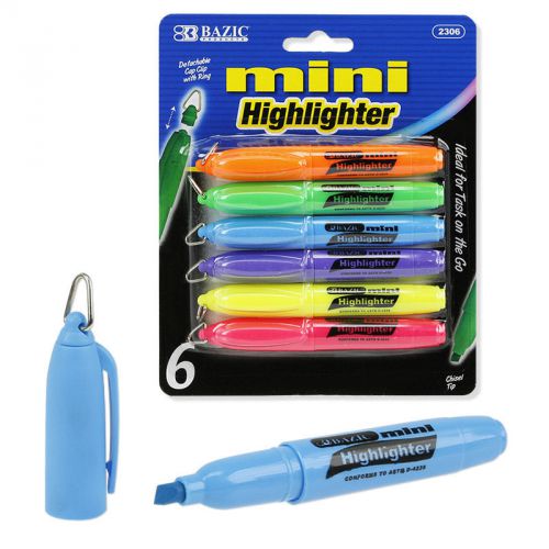 6-Pack Fluorescent Mini Highlighters With Detachable Clip Ring- Assorted Colors