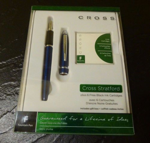 Cross Stratford Blue Lacquer Fountain Pen with 6 Black Ink Cartridges