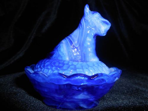 blue and white milk slag glass scottie dog salt cellar on nest basket dip cobalt