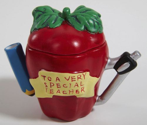 NEW ~ Very Special Teacher Pencil Holder Ceramic Apple Tea Cup with Lid Desk