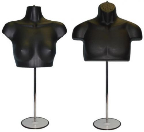 Set of male &amp; female chest torso mannequins *black* +2 metal stands + 2 hangers for sale