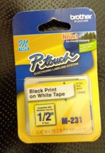 Brother P-Touch M Tape M-231  White TAPE BLACK PRINT 1/2&#034; X26FT 12MM