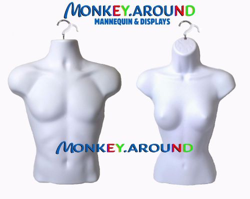 2 Mannequin Male Female White Dress Body Torso Forms +2 Hanger- Display Clothing