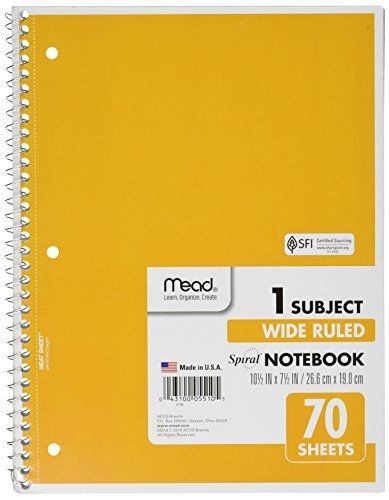 Mead Spiral Notebook 1-Subject, 70-Count, Wide Ruled, 8 Pack, Assorted Colors