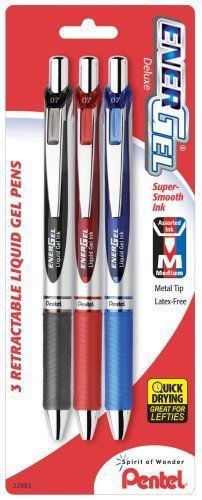 Pentel energel deluxe rtx gel ink pens, 0.7 millimeter metal tip, black/red/blue for sale