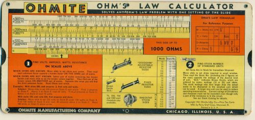 1941 OHMITE MFG. CO. Ohm&#039;s Law Calculator 0.1 to 10 Megohms PERRY GRAF CORP