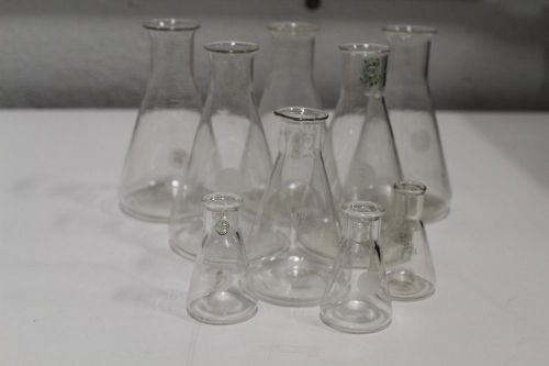 Set of (9) Pyrex Narrow-Mouth &amp; Wide-Mouth 25, 125, 250mL Erlenmeyer Flask