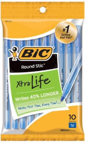 6 PACKAGES BIC ROUND STIC XTRA LIFE BLUE PENS ( TOTAL 60 COUNT )
