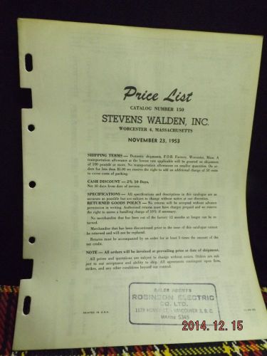 Vintage Electrical Catalog Price List Stevens Walden 1953