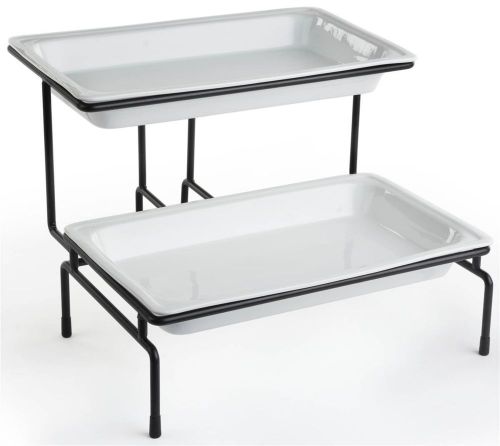 2-tier wire serving platter w/ (2) 3&#034; deep porcelain dishes - black and white 19 for sale