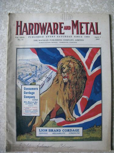 Hardware &amp; Metal Catalogue 1917 Lion Brand Cordage Maclean Publishing Co. Rare