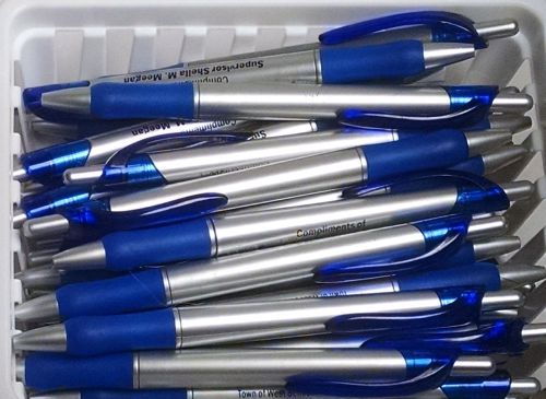 10 New Misprint Ballpoint Retractable Ink Pens, Blue and Silver