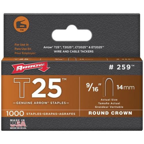 ARROW FASTENER 259 T25 Round Crown Staples, 9/16&#034;; 1,000 pk