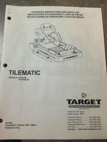 TileMatic Operations &amp; Parts List, TA10100, TA10100 SS