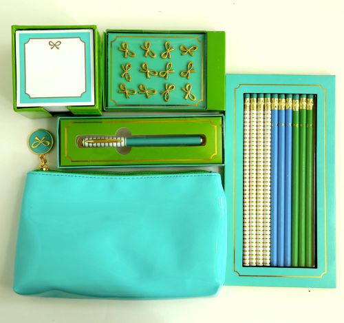 Bright Desk Accessories Turquoise Green Bows Pencils Pen School Notecube