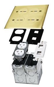 2-Gang 705510 Floor Box W/ 20A TWR Duplex Receptacle &amp; Datacom Blank Ports Brass