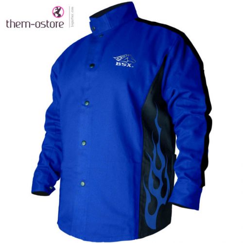 Blue Flame-Resistant Jacket, Welder&#039;s Collar Dual Scribe Zippered Pocket Medium