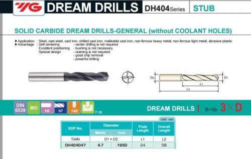 YG DREAM DRILL - SOLID CARBIDE P/N DH404047 4.7 MM DIA ( 0.185 ) X3D NON-COOLANT