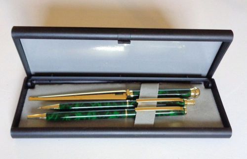 DESK SET_Ballpoint Pen.Mechanical Pencil.Letter Opener_Green/Black/Goldtone_EUC