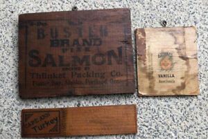 3 vintage wood box pieces ahowing product advertising