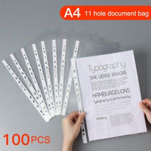 100pcs A4 Plastic Punched Pockets 11 Holes Clear Loose Leaf Folder Bag File
