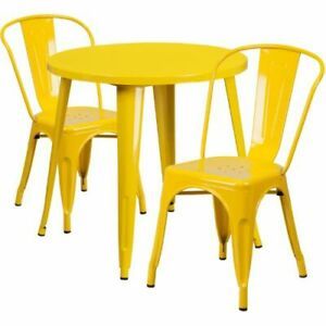 30&#039;&#039; Round Yellow Metal Indoor-Outdoor Table Set with 2 Cafe Chairs