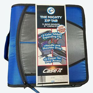 Case-it XL 3-Ring 3&#034; Zipper Binder w/5-Tab File Folder Mighty Zip Tab Blue