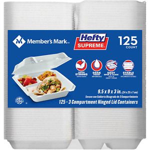 Member&#039;s Mark 3-Compartment Foam Hinged Lid Container by Hefty (125 ct.)!!