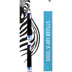 Zebra V-301 Stainless Steel Fountain Pen Refill Cartridge, Black Ink, 2-Count