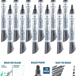 Glass Board Dry Erase Markers by Quartet, Premium, Bullet Tip, Black, 12 Pack...
