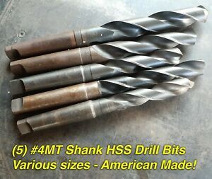 WHOLESALE LOT OF (5) LARGE USED 4MT MORSE TAPER HSS DRILL BITS - MADE IN USA!