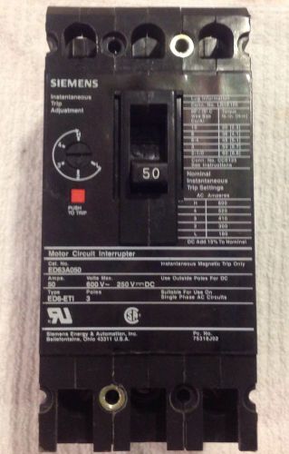 Siemens ed63a050 motor circuit interrupter 50 amp 3 pole 600 volt for sale