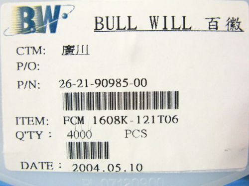 4000 pcs bull will fcm 1608k-121t06 ferrite chip 120 ohm 25% smd 0603 for sale