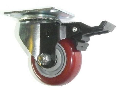 Swivel Plate Caster w/ Non Marking 3&#034; Maroon Polyurethane Wheel &amp; Brake