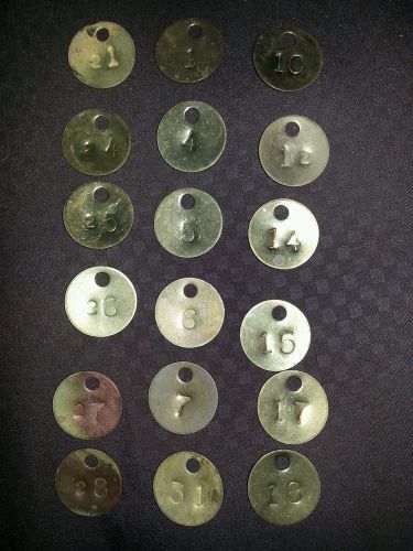 19- DIFFERENT #s VINTAGE BRASS STAMPED NUMBERED TAGS. QUARTER SIZE.