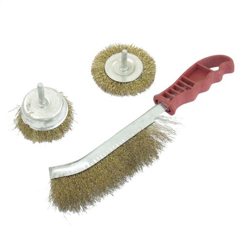 Red plastic handle brass tone steel wire polishing brushes wheel 3 in 1 for sale