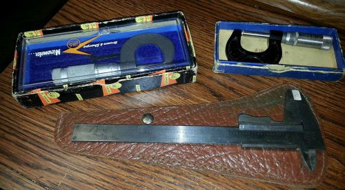 Brown &amp; sharpe no. 4 slant line &amp; reed #801 micrometer and helios caliper all 3 for sale