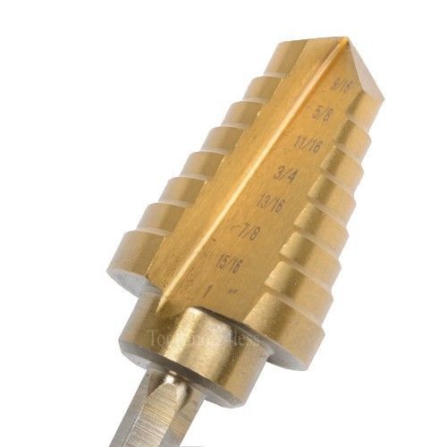 Titanium step drill bit 9/16&#034; to 1&#034; 8 steps m2 hex 1/4 shank for sale