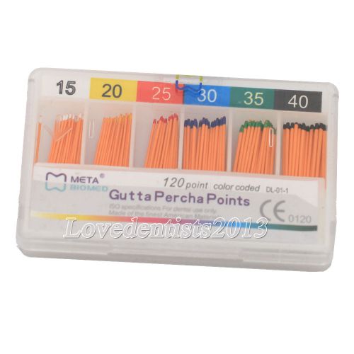 120 pcs color coded dental gutta percha points meta 02 taper assorted 15-40# ce for sale
