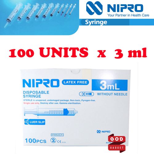 100 x 3ml Nipro Syringe Luer slip Tip Hypodermic Needle Sterile Latex Free 3 cc