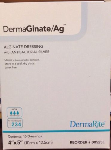 DERMAGINATE AG 00525E 4&#034;x 5&#034; Box of 10 CALCIUM ALGINATE Box 5 STERILE w Silver