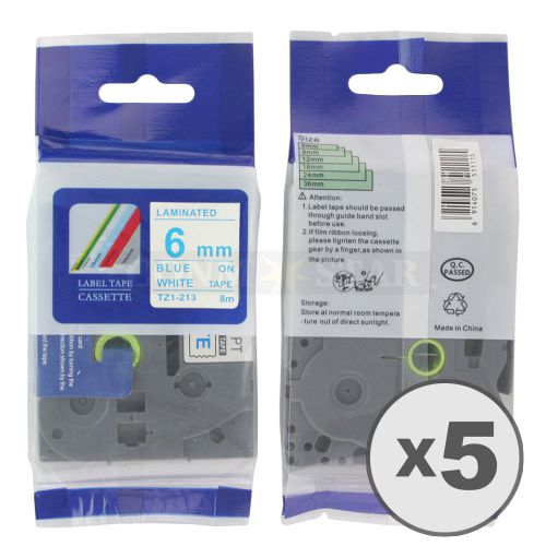 5pk Blue on White Tape Label Compatible for Brother P-Touch TZ 213 TZe 213 6mm