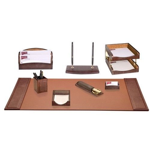 Dacasso Brown Crocodile Embossed Leather 10-Piece Desk Pad Kit - 10 / Kit
