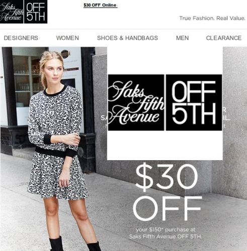 One (1) Saks Fifth Avenue OFF 5TH $30 OFF $150 Coupon Promo Code for clothes