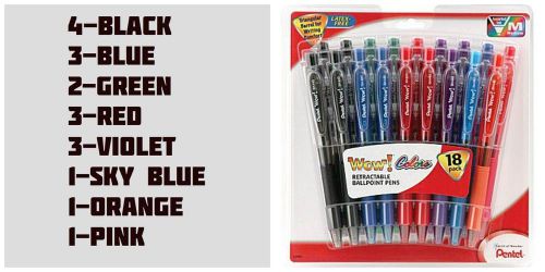 Pentel WOW Retractable Ballpoint Pens, Medium Point, Assorted, 18/Pack