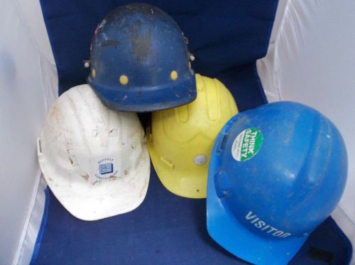 Lot of 4 Hard Hats Blue Yellow White Fins Construction Agriculture Visitor Etc.