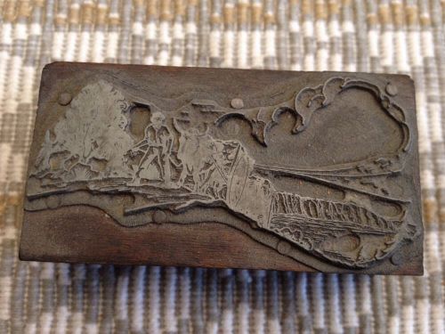 VINTAGE LETTERPRESS | OX PULLING WAGON, BOY / MAN, TREES, DETAILED PRINT BLOCK